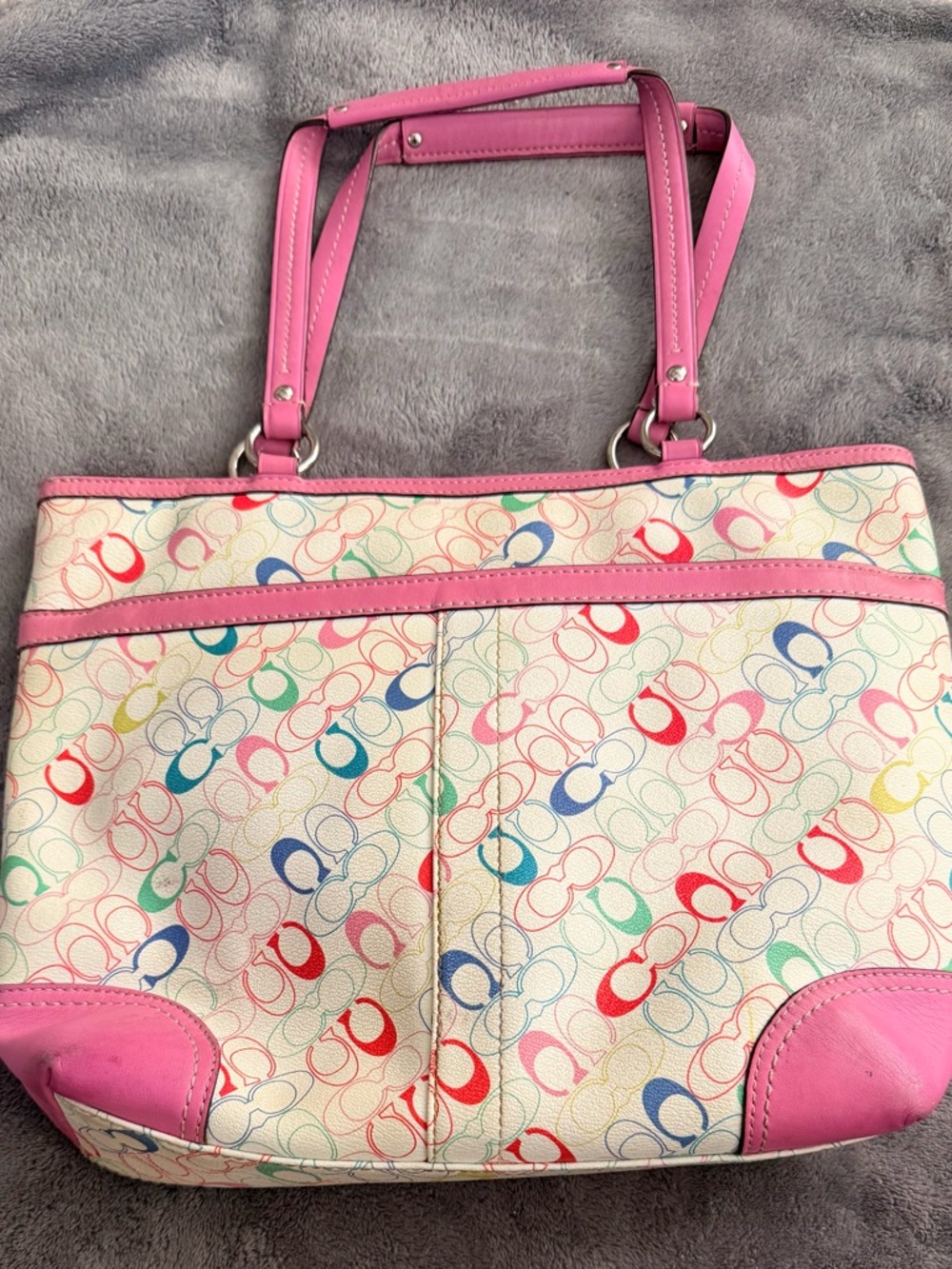 Coach Multicolor Signature Canvas Tote with Pink Trim - Picture 2 of 9
